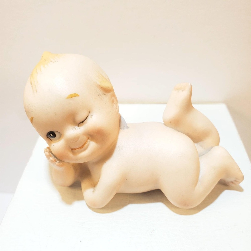 Vintage Kewpie Laying Winking Bisque Blue Wing Cherub Figurine Made In Japan